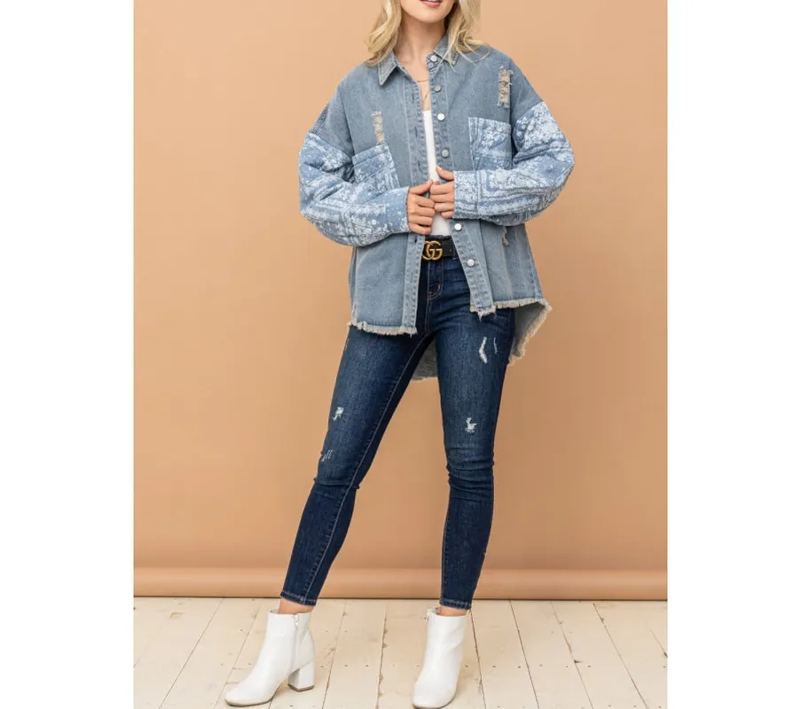 Plus Size Paisley Print Quilted Sleeves Denim Jacket