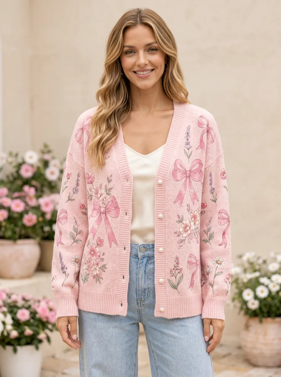 Women's Graceful Floral Coquette Ribbon Bow Printed Cardigan