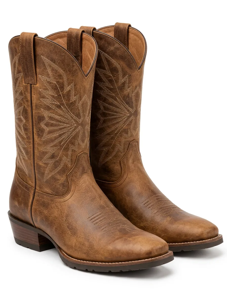 Men's Pattern Stitched Brown Western Cowboy Boots