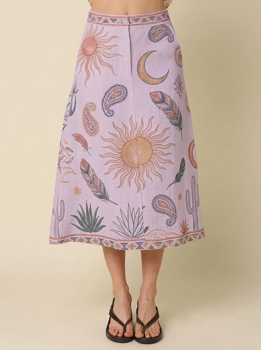 Women's Marina Boho Celestial Sun Moon Feather Printed Midi Skirt