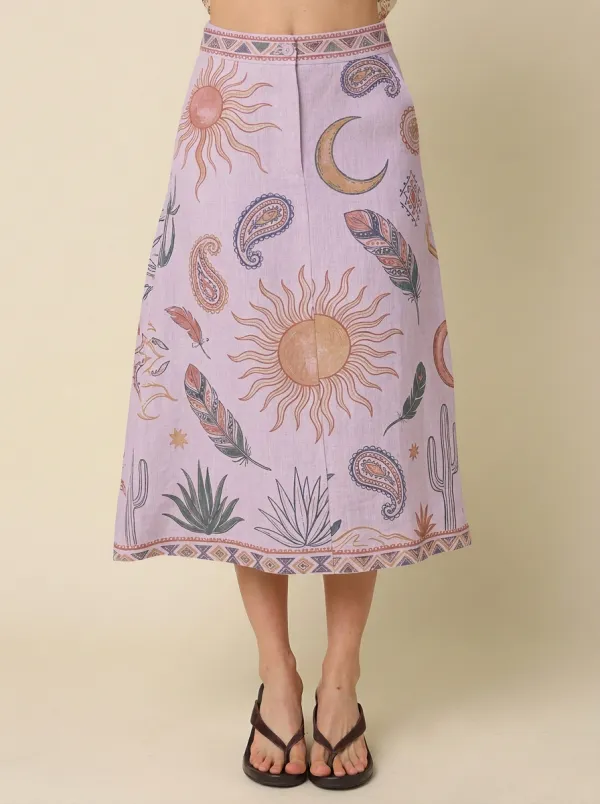 Women's Marina Boho Celestial Sun Moon Feather Printed Midi Skirt