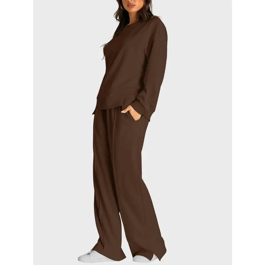 Round Neck Long Sleeve Top and Slit Pants Set