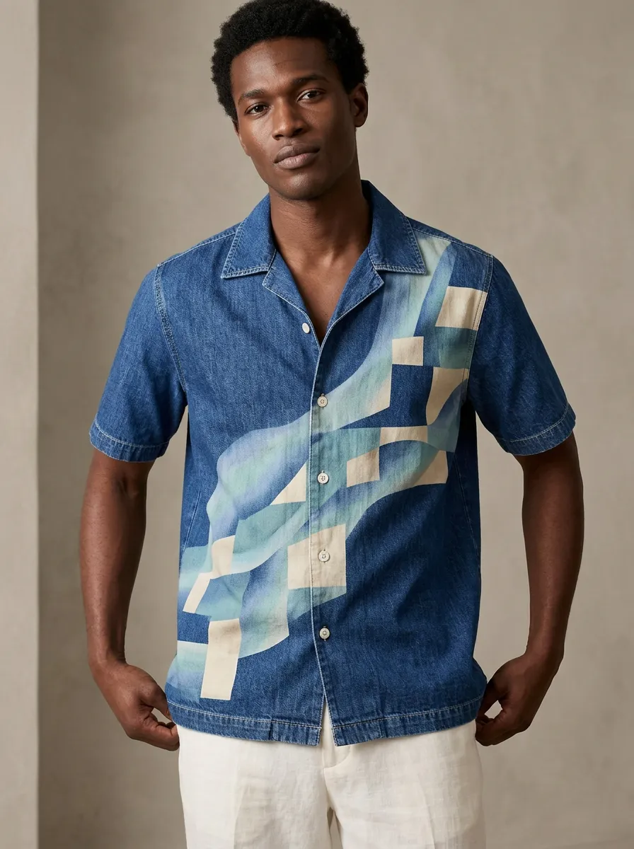 Men's Abstract Geometric Wave Short Sleeve Denim Shirt