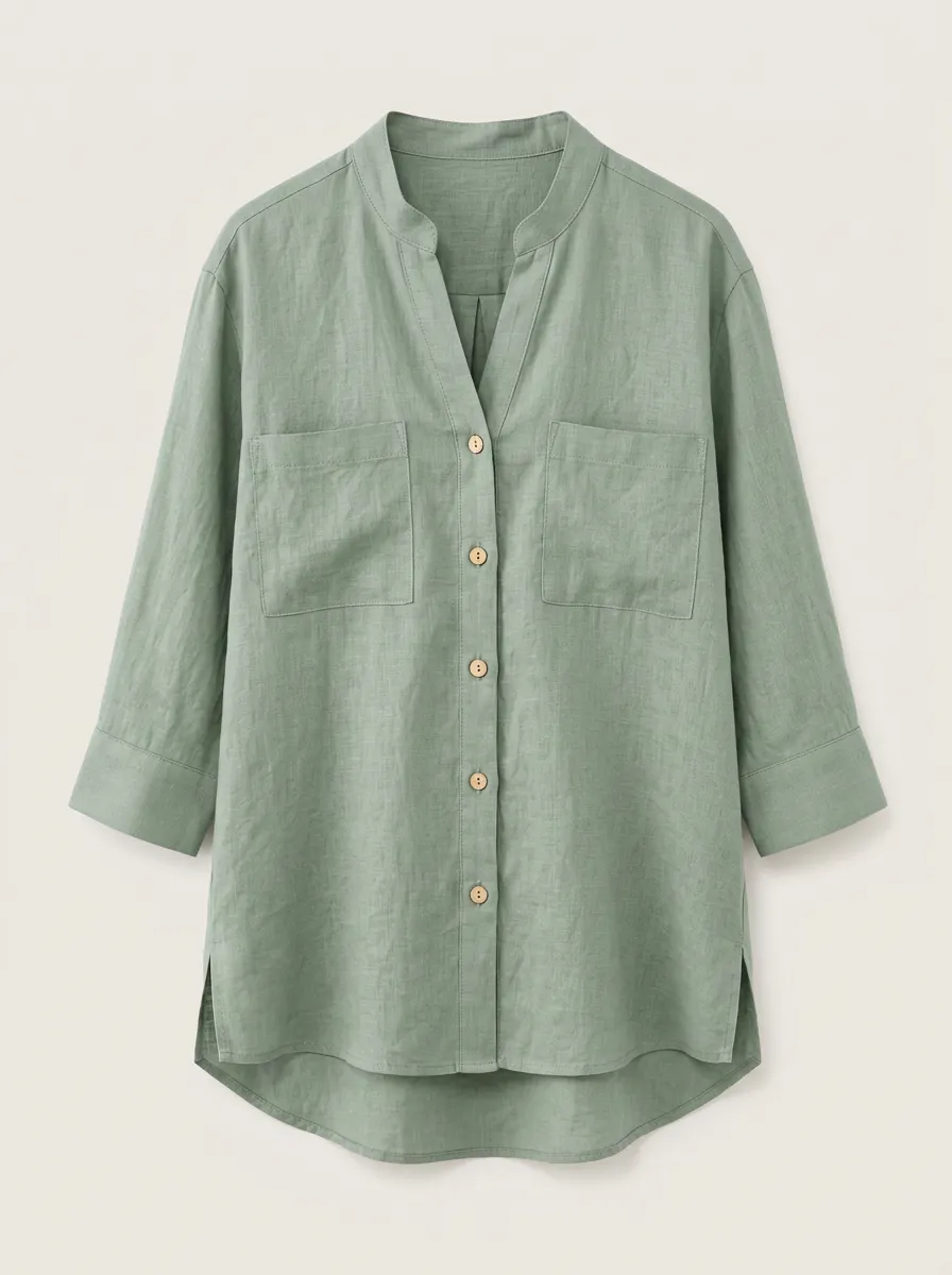 Women's Casual Sage Green V-Neck Button Down Linen Blend Shirt