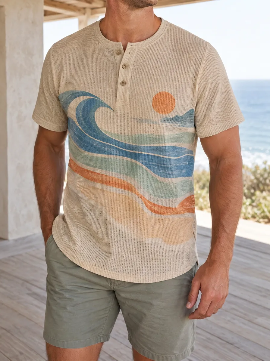 Men's Refined Beach Lover Ocean Wave Sun Henley T-Shirt