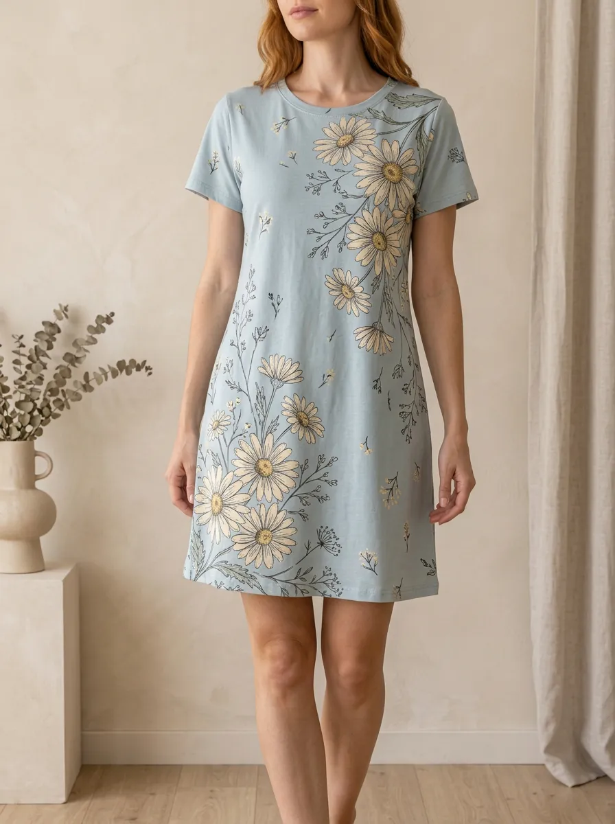 Women's Floral Lover Daisy Botanical Printed T-shirt Dress