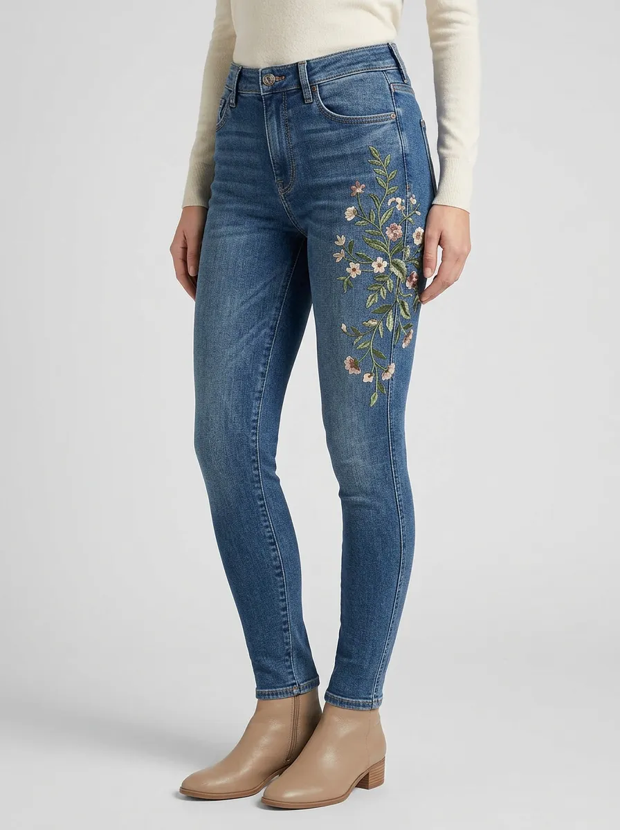 Women's Floral Botanical Embroidered Slim Fit Jeans
