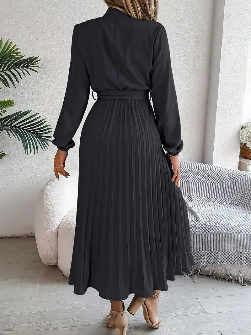 Long Sleeve Pleated Midi Dress