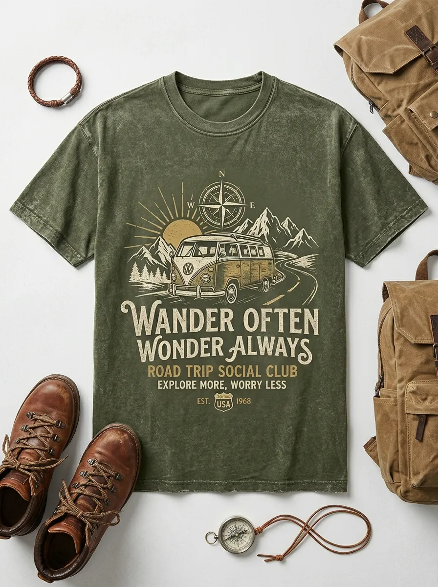 Unisex Wander Often Camper Van Mountain Printed T-shirt