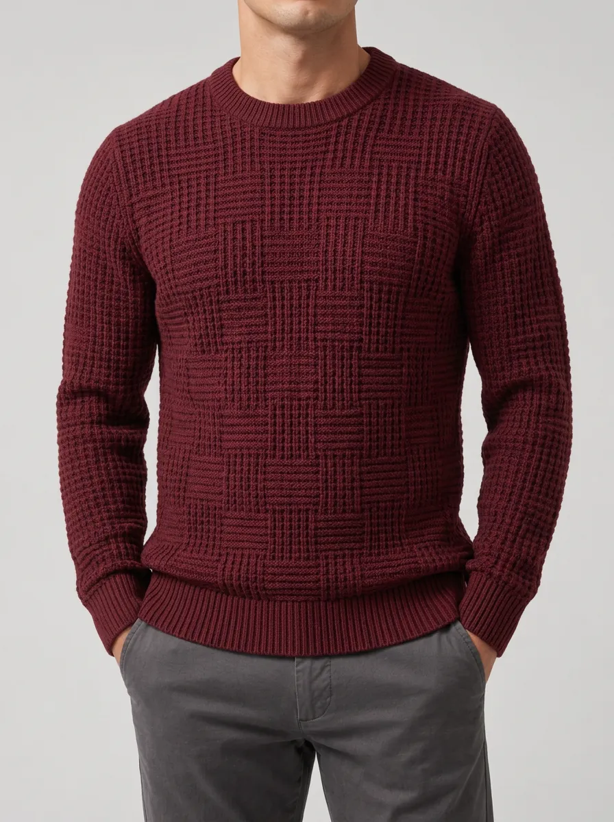 Geometric Waffle-Knit Crewneck Sweater