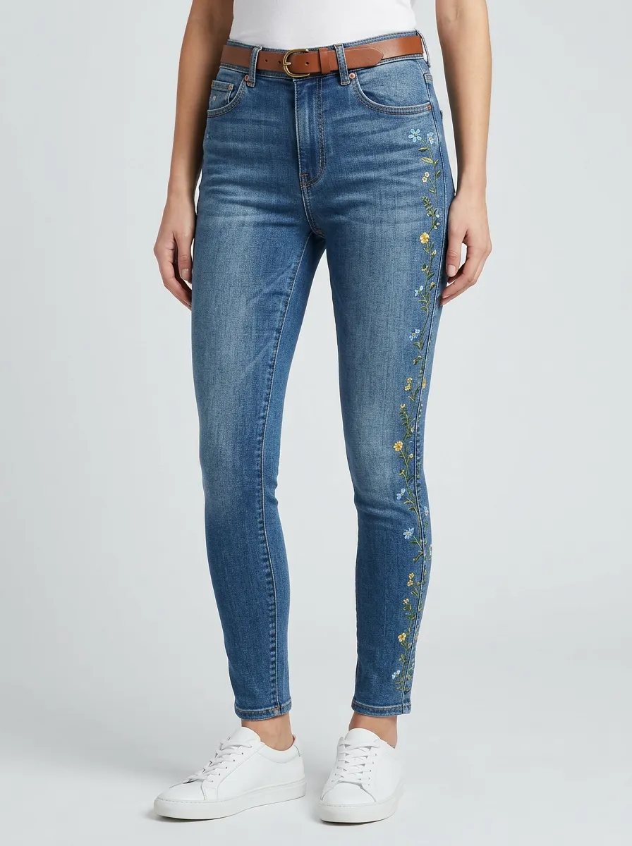 Women's Floral Side Embroidered Printed Slim Jeans