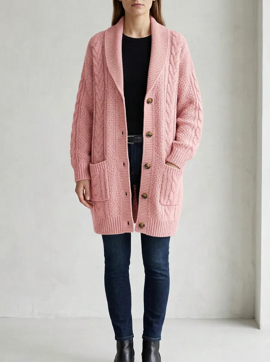 Women's Relaxed Cable Knit Button Detail Knit Cardigan