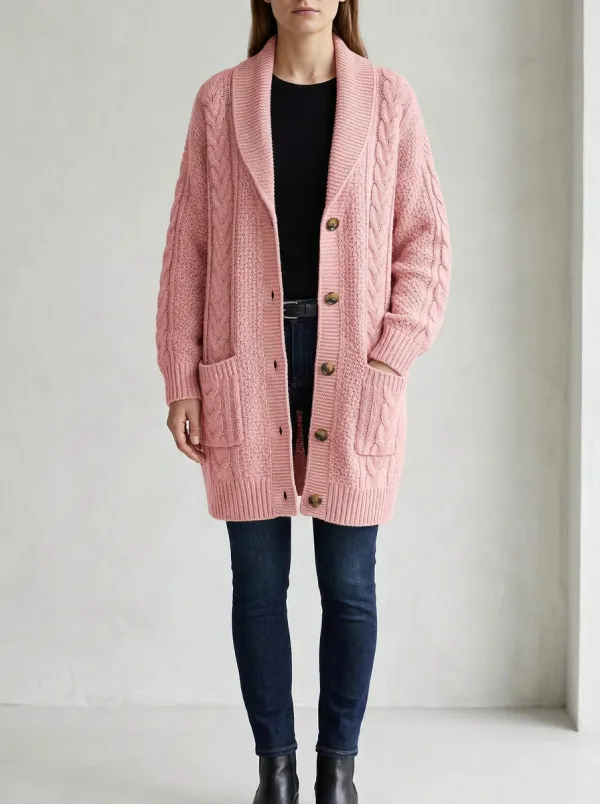 Women's Relaxed Cable Knit Button Detail Knit Cardigan