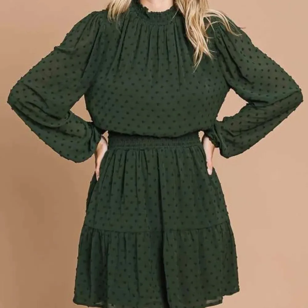 Swiss Dot Smock Neck Mini Dress with Pockets