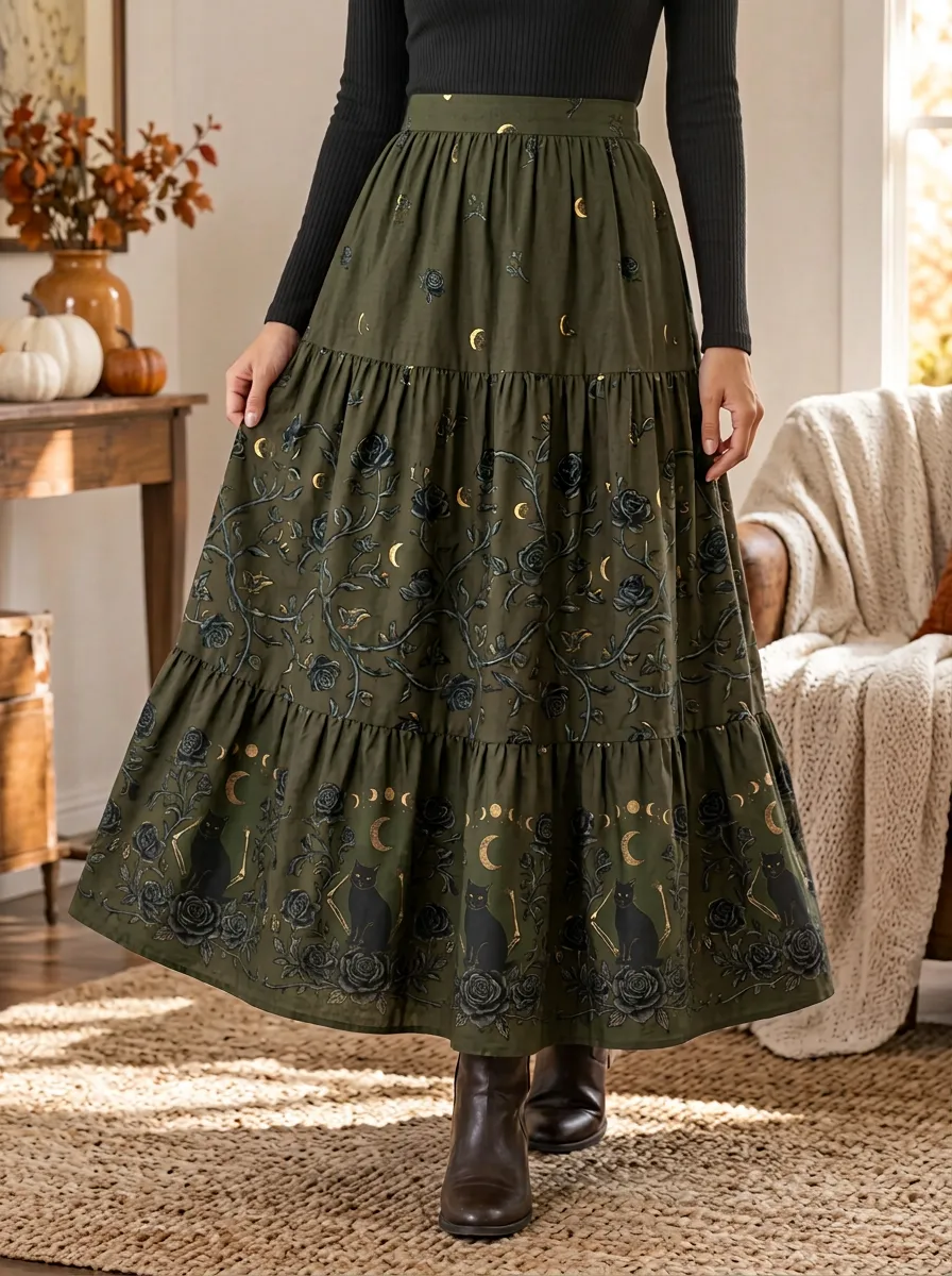 Women's Halloween Witchy Black Cat Moon Rose Printed Tiered Skirt