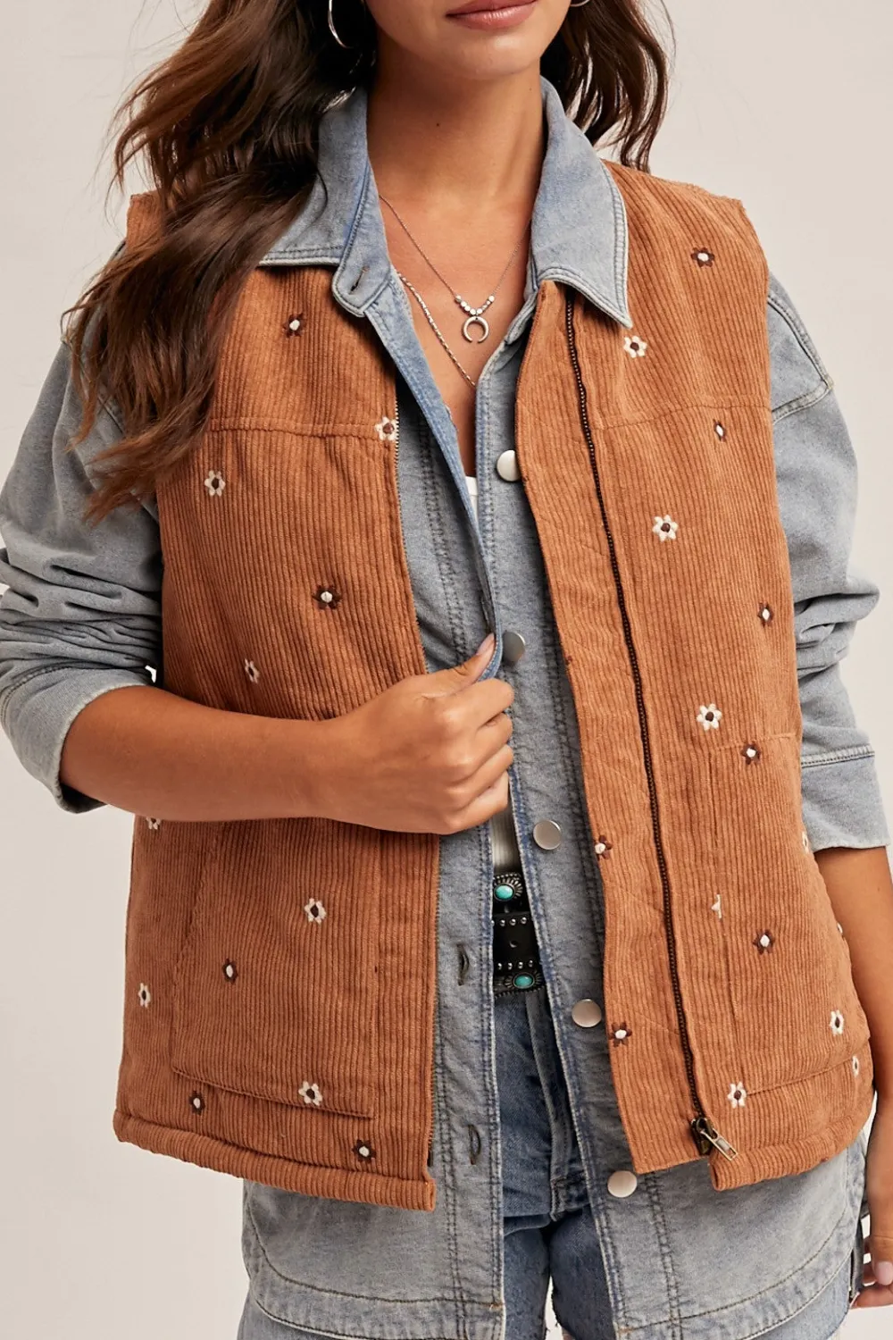 Floral Embroidered Corduroy Vest