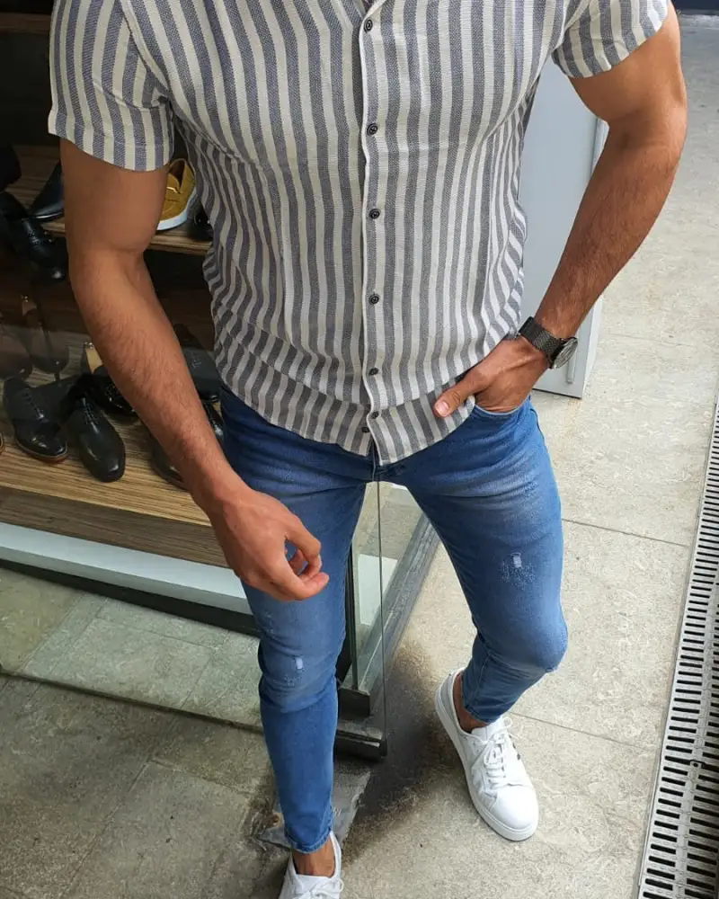 Classic Short Sleeve Slim Fit Striped Cotton Casual Shirt