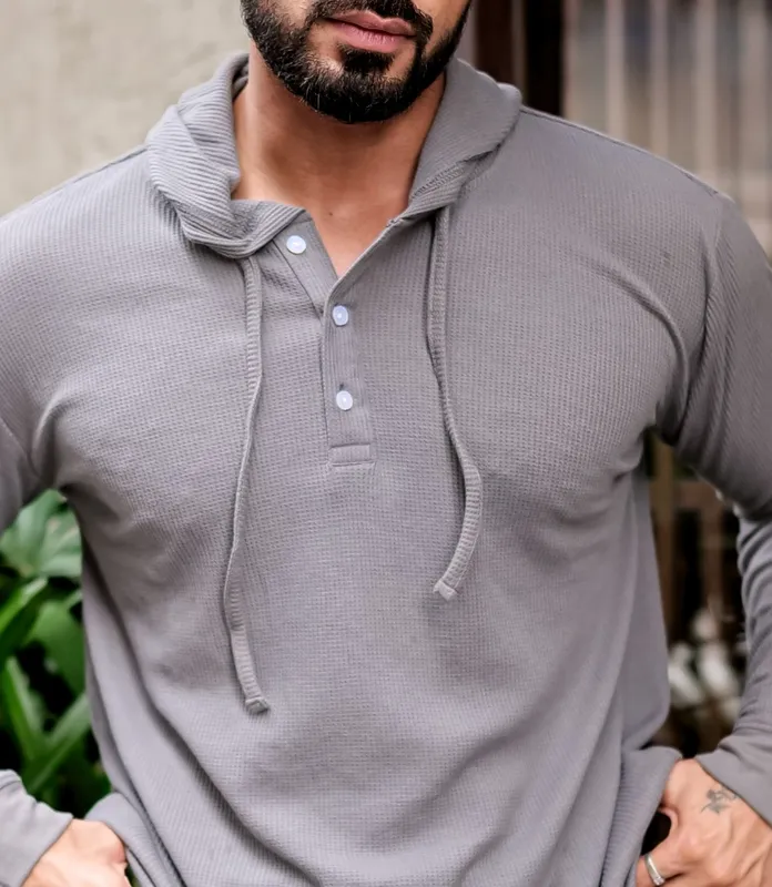 Grey Hooded Henley Style Casual Shirt