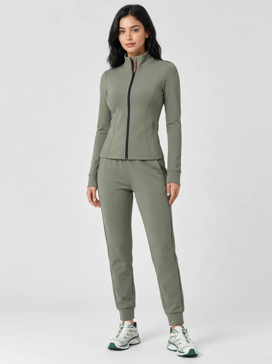 Women's Athletic Fitness Olive Green Zip-Up Tracksuit Set