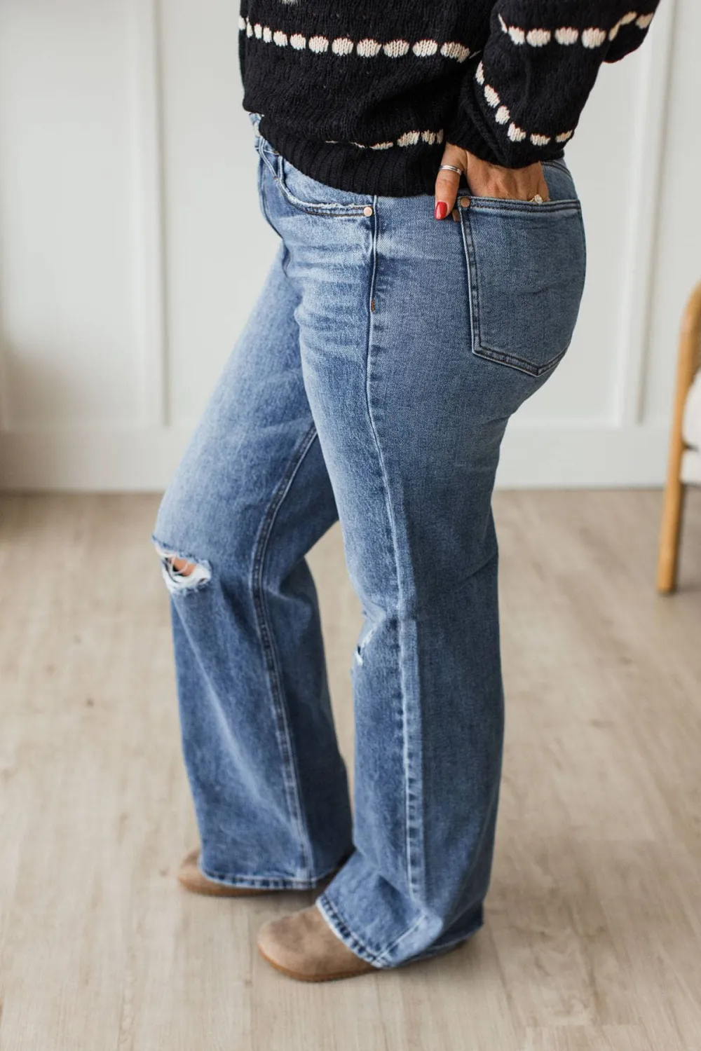 High-Rise Straight Leg Distressed Jeans