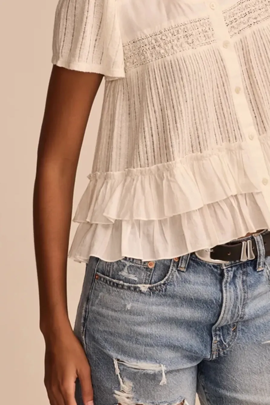 White Smocked Lace Tee