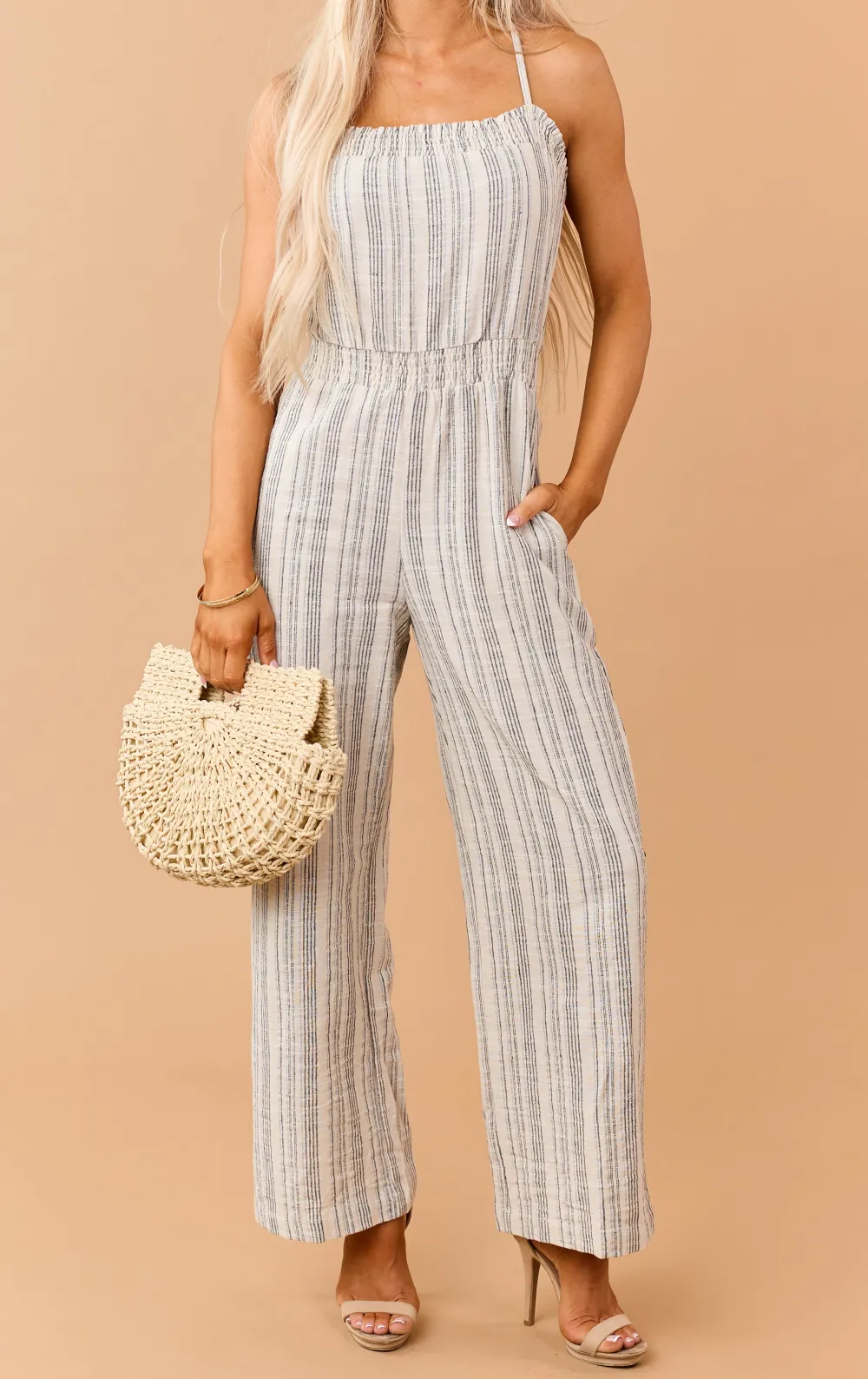 Navy Striped Open Back Sleeveless Jumpsuit