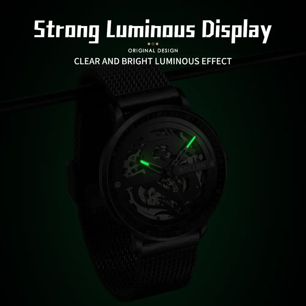 Sollen SL317 Men's Skeleton Dragon Automatic Mechanical Watch - 42mm Stainless Steel Case Slim 9.9mm Open Heart Mesh Bracelet Wristwatch