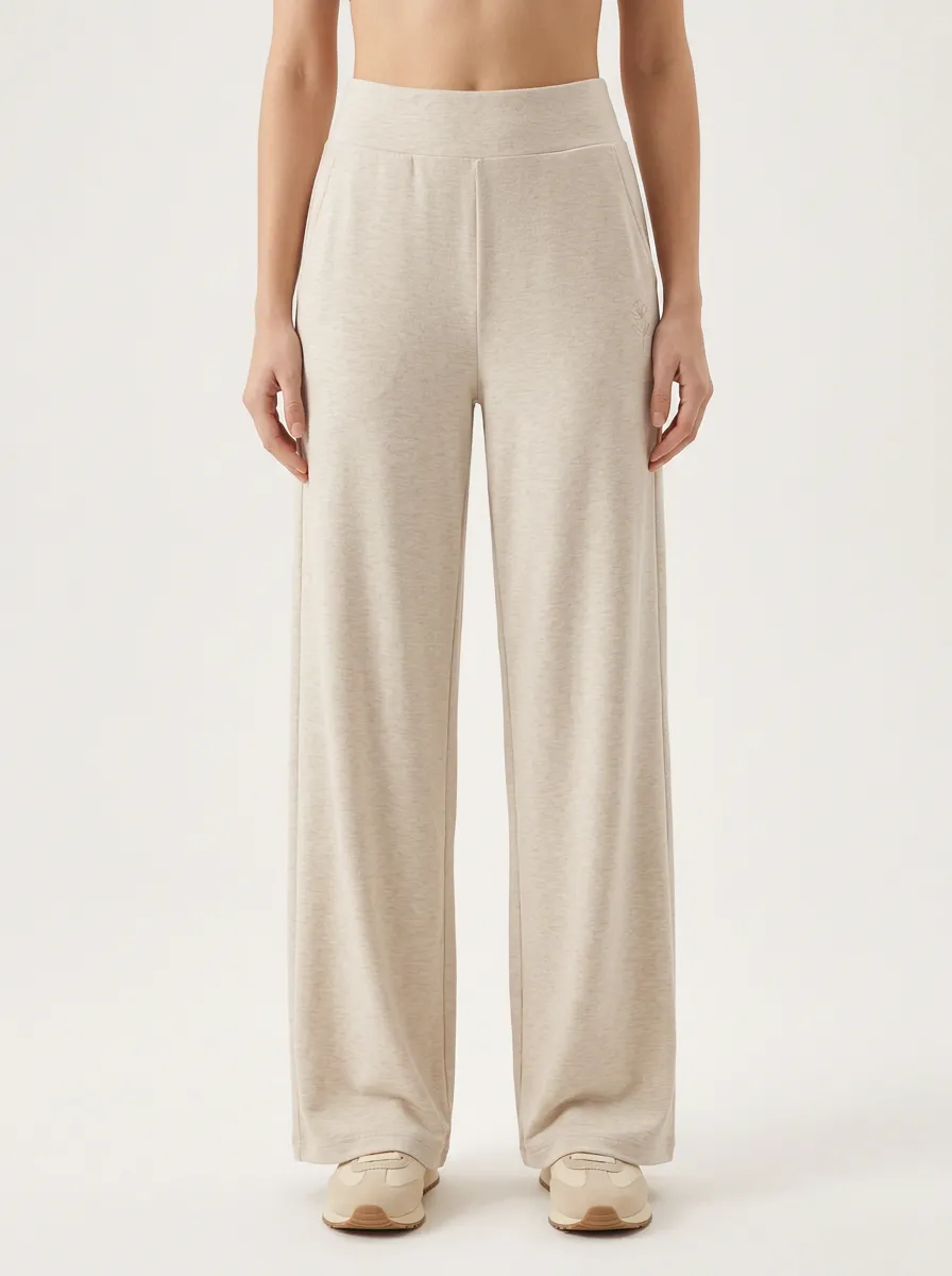 Women's Minimalist Rose Embroidered Solid Beige Wide Leg Pants