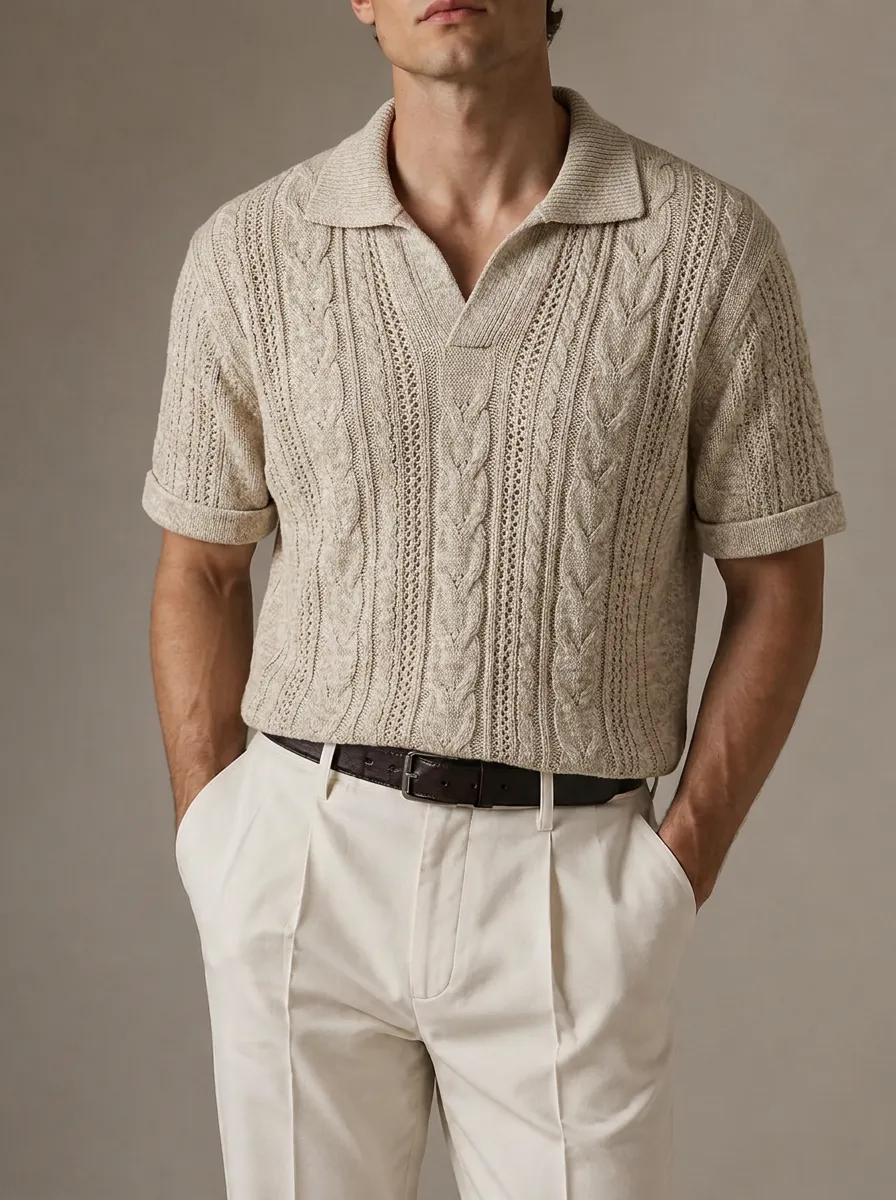 Men's Cable-Knit Open-Collar Polo Shirt