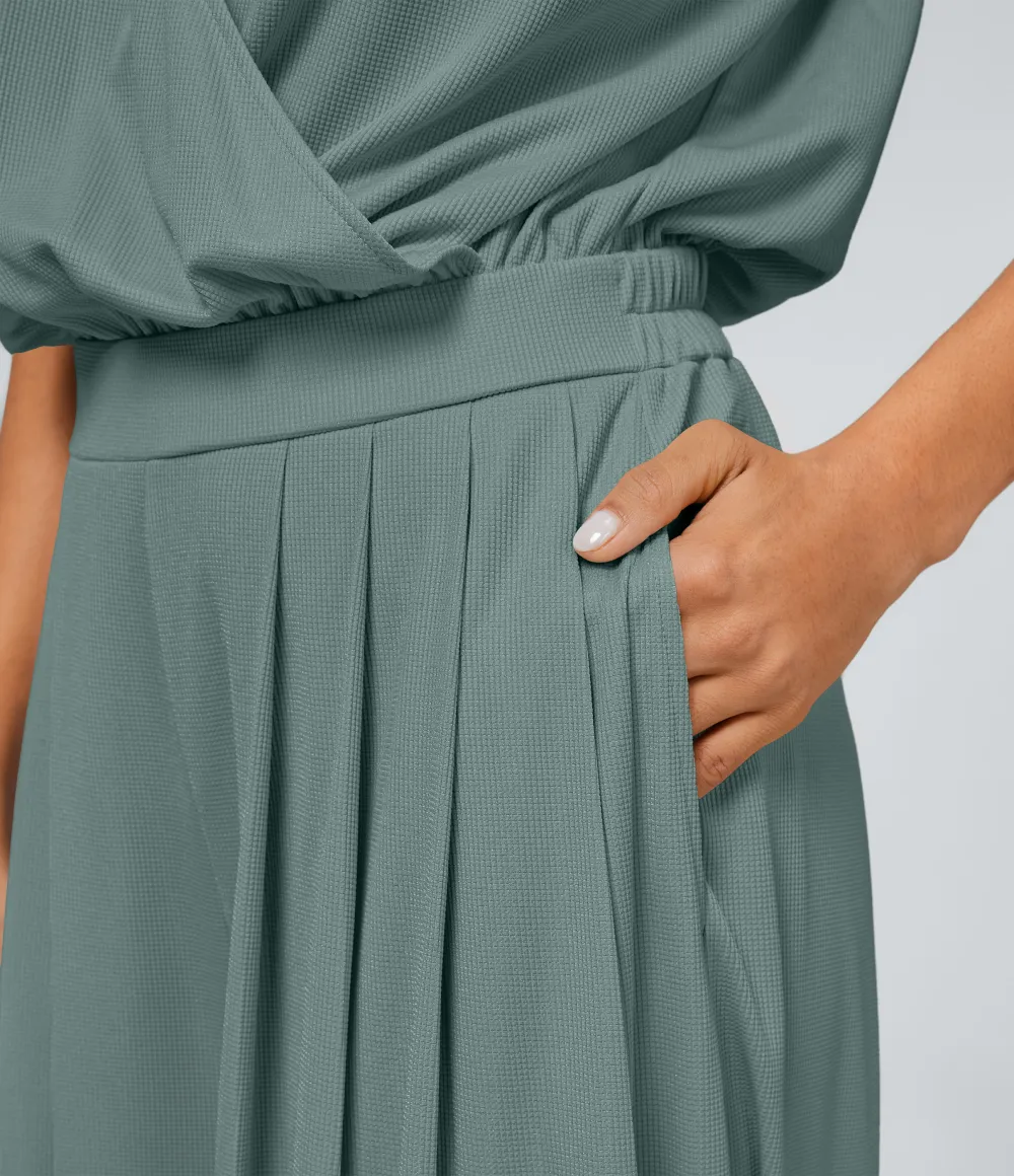 V Neck Short Sleeve Side Pocket Wide Leg Flowy Waffle Casual Jumpsuit