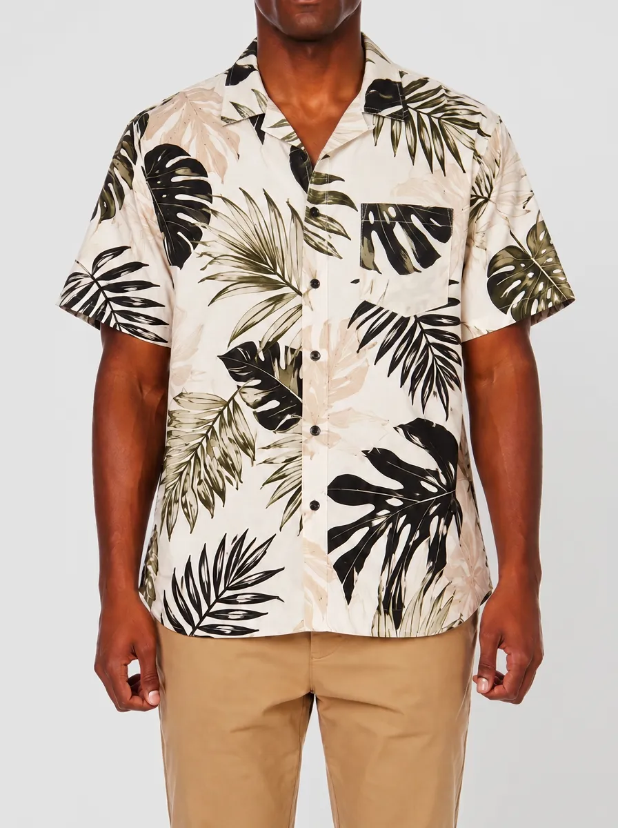 Men's Tropical Leaf Print Camp Collar Shirt with All-Over tropical leaf print, and