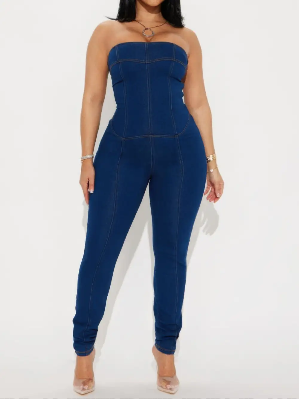 Strapless Denim Jumpsuit Lace Up Back Pants