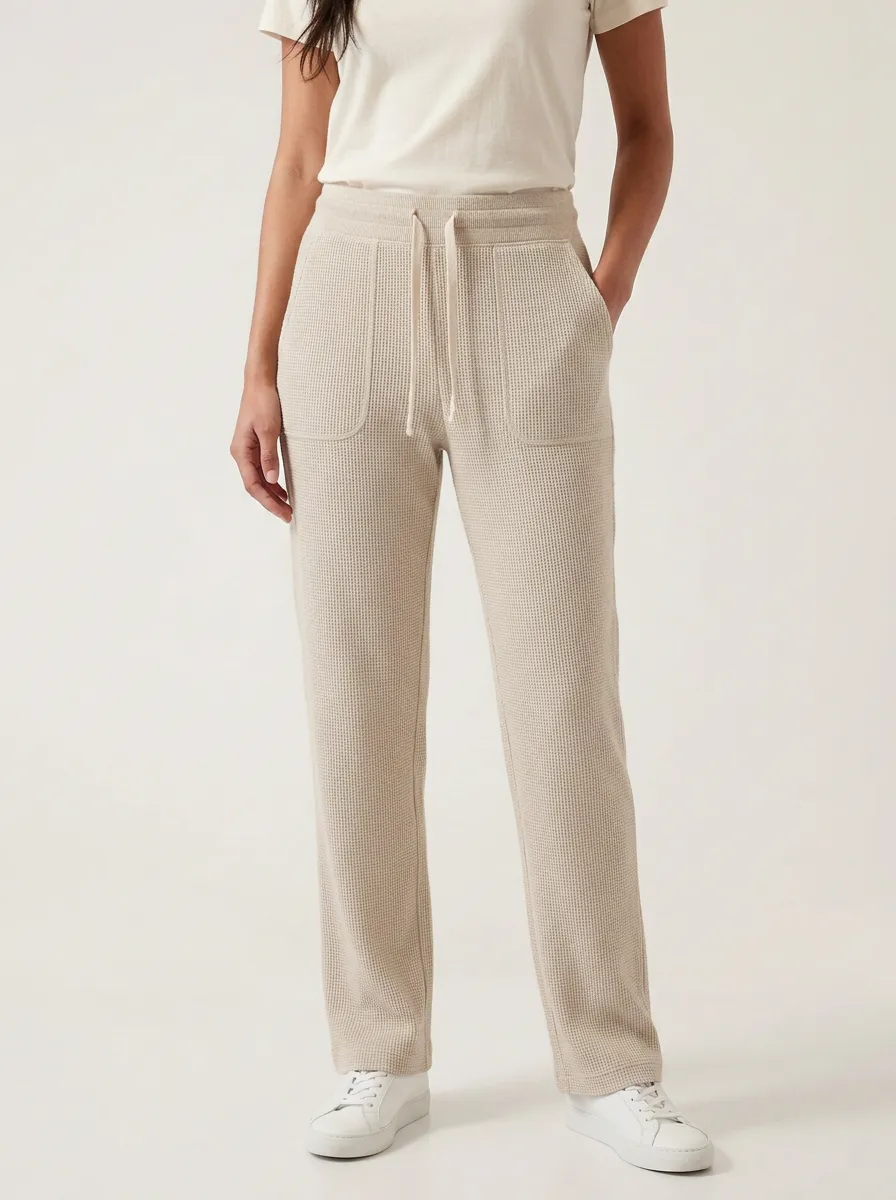 Women's Casual Beige Waffle Knit Drawstring Lounge Pants