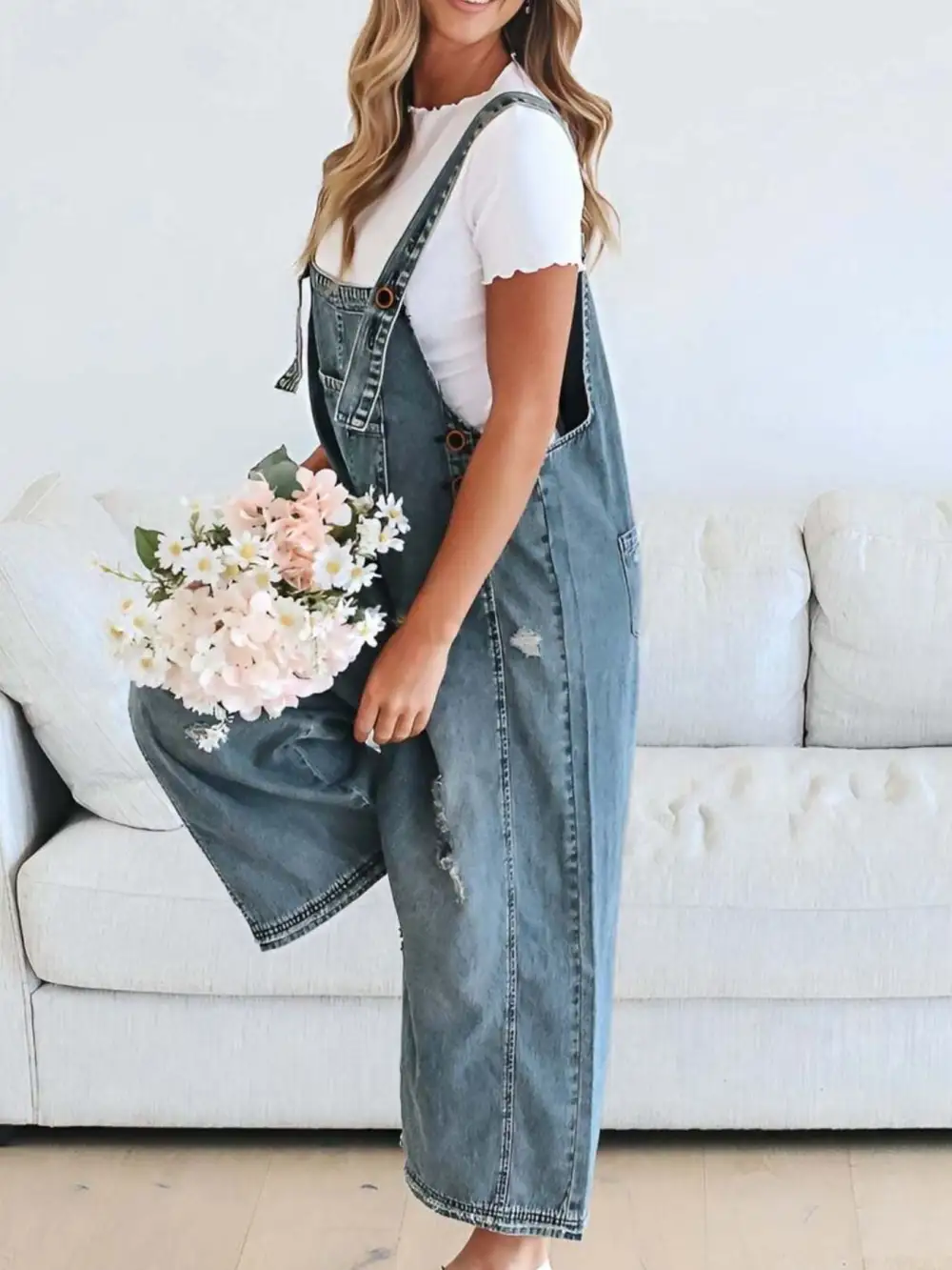 Wide Leg Denim Overalls Relaxed Fit Bib Overalls
