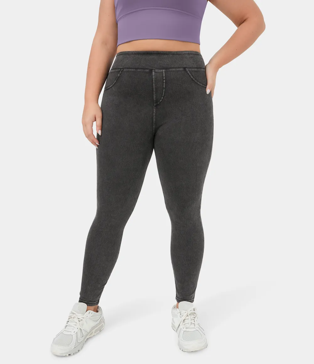 Magic High Waisted Back Side Pocket Stretchy Knit Denim Plus Size Casual Leggings