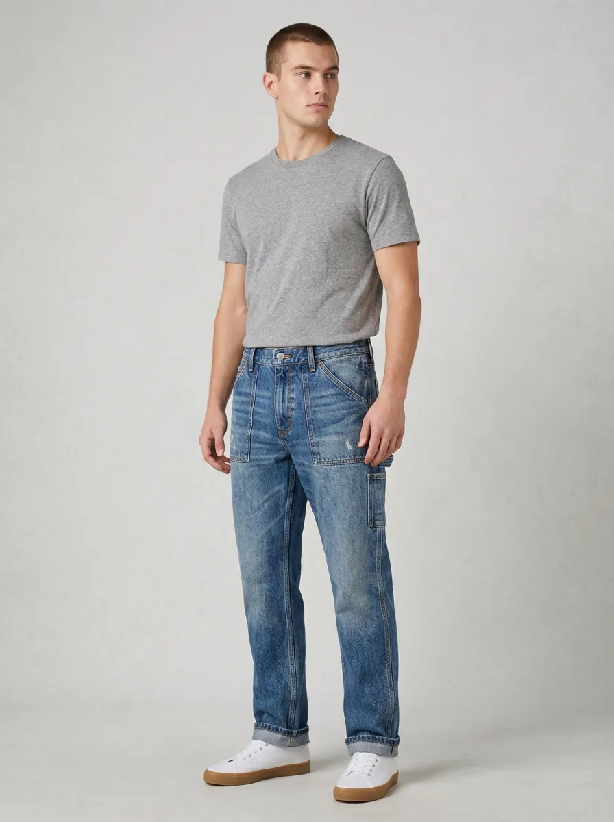 Men's Denim Jeans with Wash Pocket Button Fly