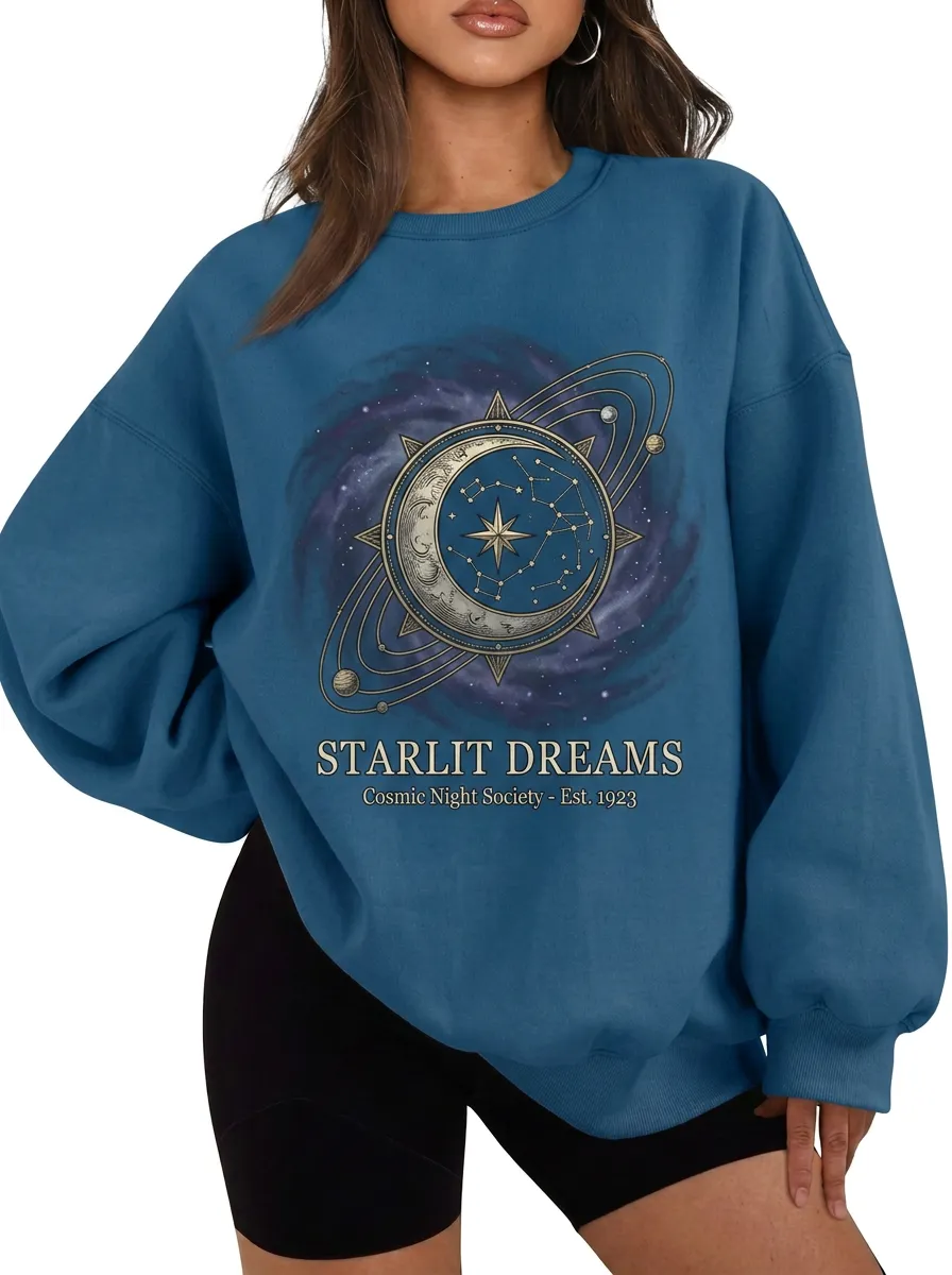 Women's Celestial Starlit Dreams Moon Constellation Printed T-shirt