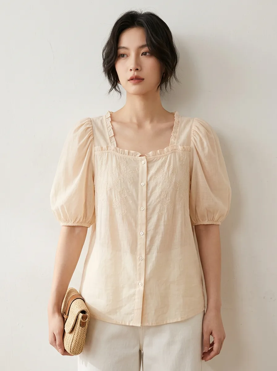 Embroidered Floral Button-Front Women's Puff-Sleeve Blouse