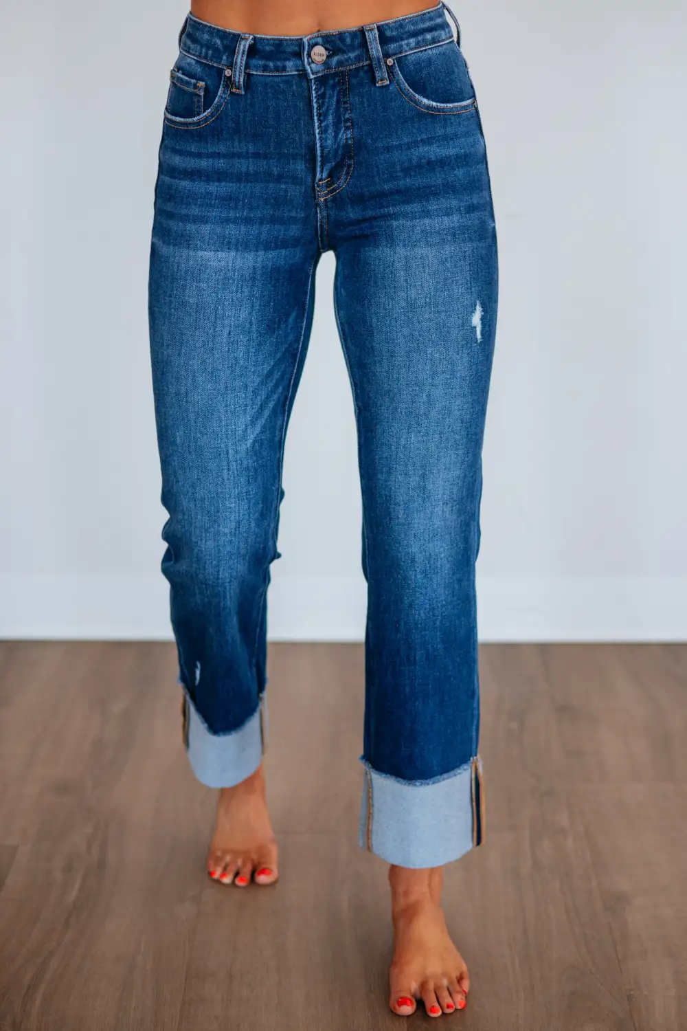 Women's Mid Rise Straight Leg Cuffed Hem Jeans