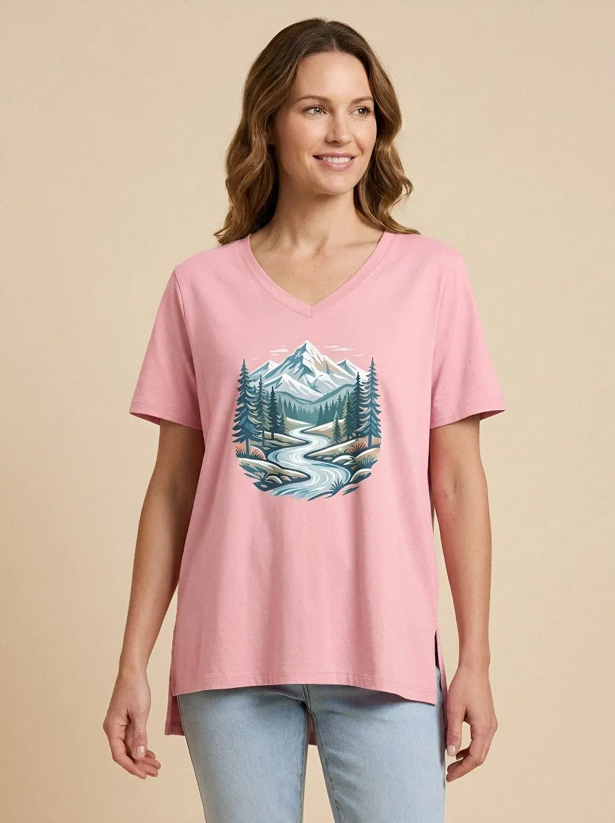 Women's Mountain River Forest Graphic V-Neck T-Shirt