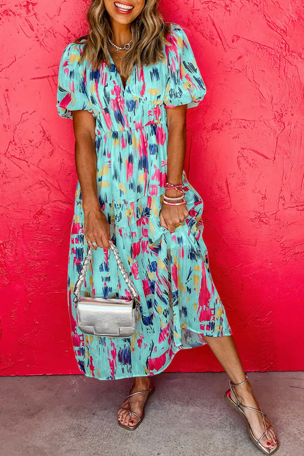 Abstract Print Tiered Puff Sleeve Maxi Dress