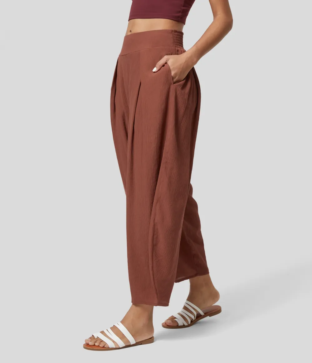 High Waisted Back Elastic Side Pocket Plicated Barrel Leg Casual Joggers