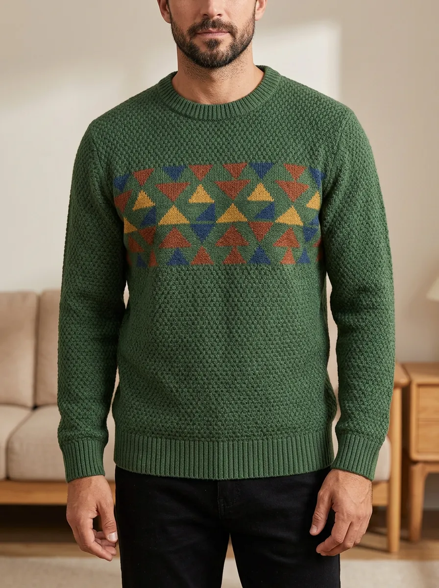 Men's Geometric Textured Knit Crewneck Sweater