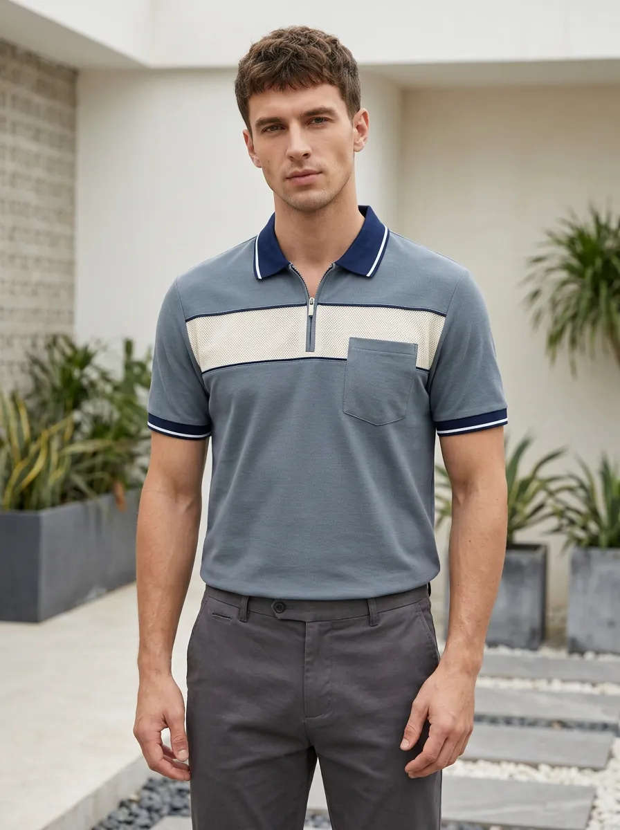 Men's Casual Colorblock Mesh Panel Zipper Polo Shirt