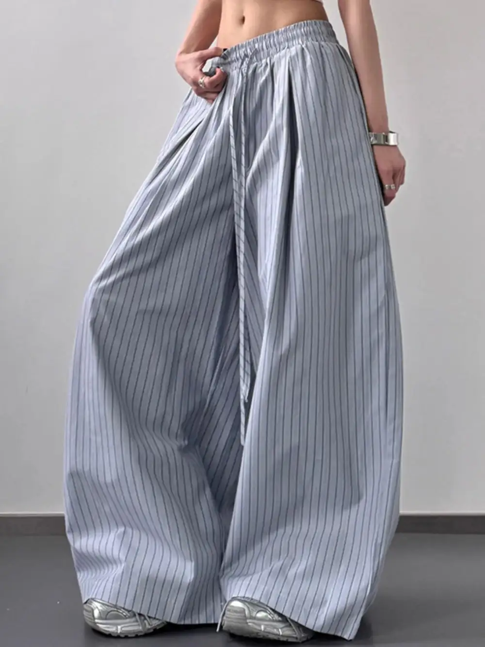 Textured Striped Wide Leg Drawstring Pants