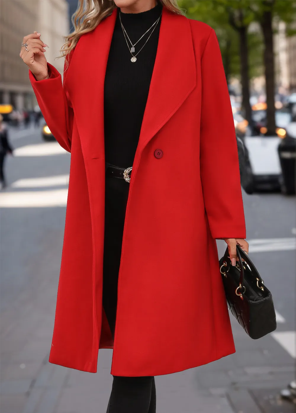 Red Button Long Sleeve Lapel Coat