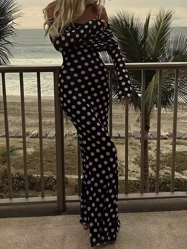 Sleeves Pleated Polka Dot Long Maxi Dress