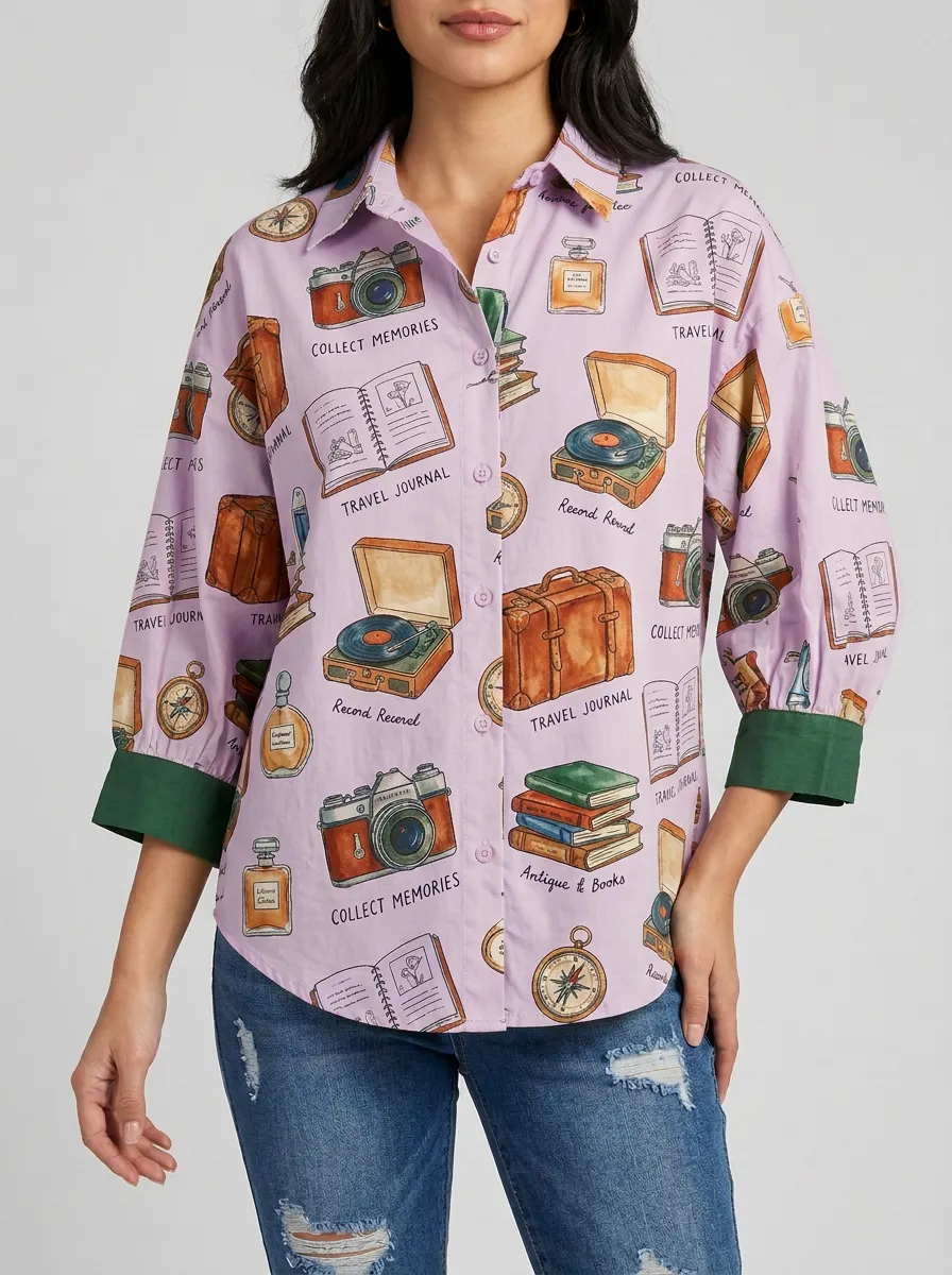 Women's Travel Hobby Vintage Camera Books Graphic Shirt