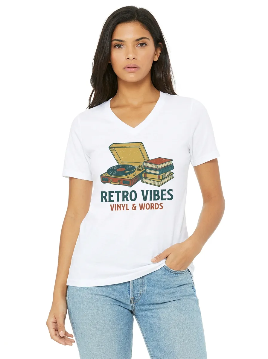 Women's Book and Vinyl Lover Retro Vibes Graphic V-Neck T-Shirt