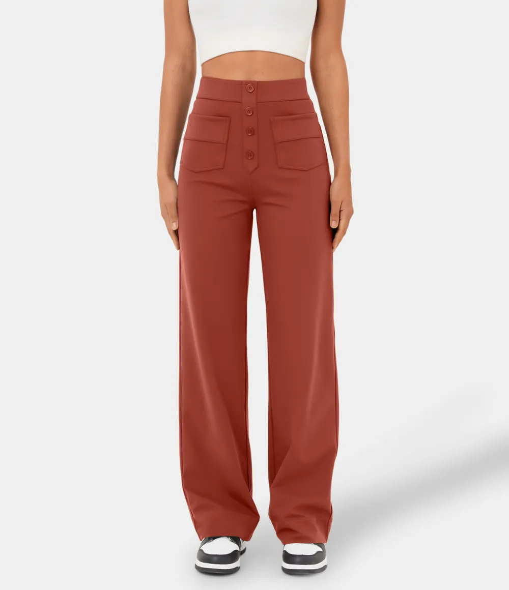 High Waisted Button Multiple Pockets Straight Leg Casual Pants